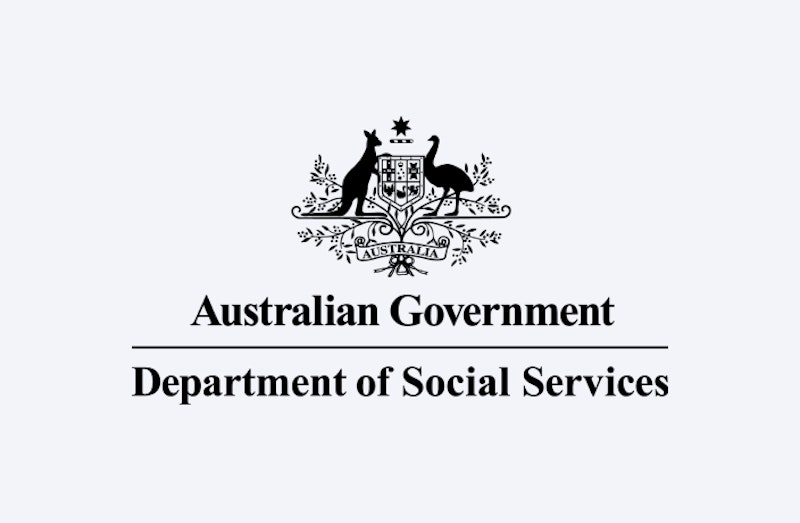 Logo of the Australian Government Department of Social Services. Floral emblem shielf with a kangaroo & emu on either side