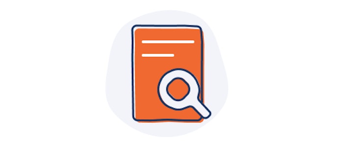 Illustrated icon of a red piece of paper with a magnifying glass hovering over the top in a grey circle